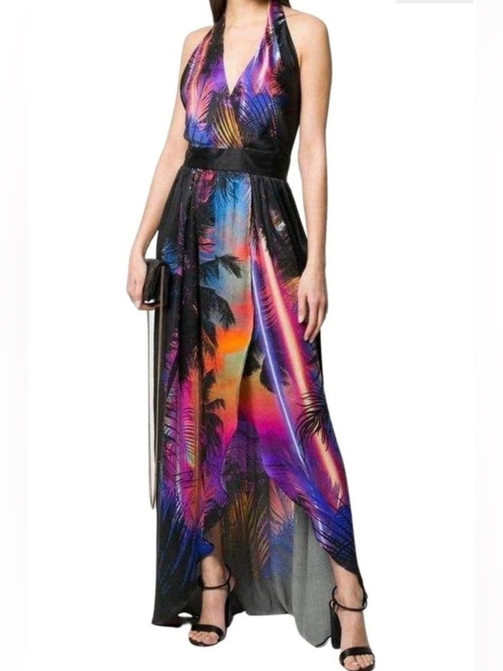 Balmain Paris 100% Silk Pleated Halter Plunging Tropical Sunset Maxi Dress